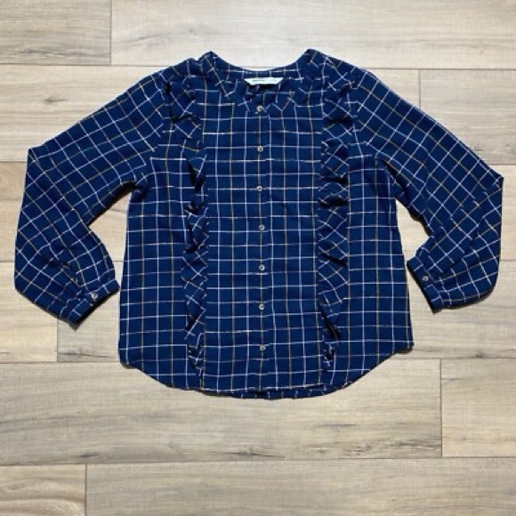 NWOT/ Navy Blue Checkered Blouse with Ruffles – Size M Sonoma - Picture 3 of 10